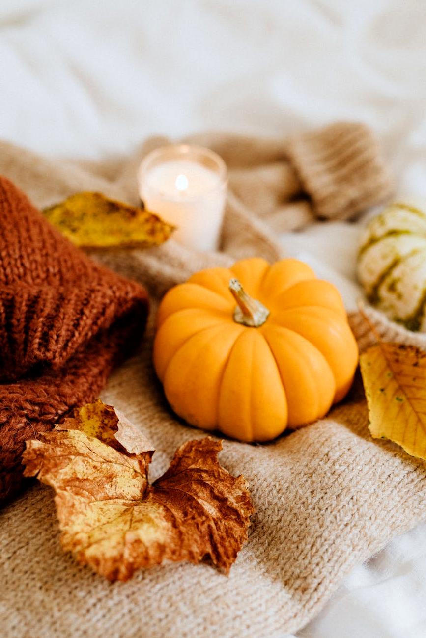 Seasonal autumn knitted pumpkin decoration displayed on rustic wooden table